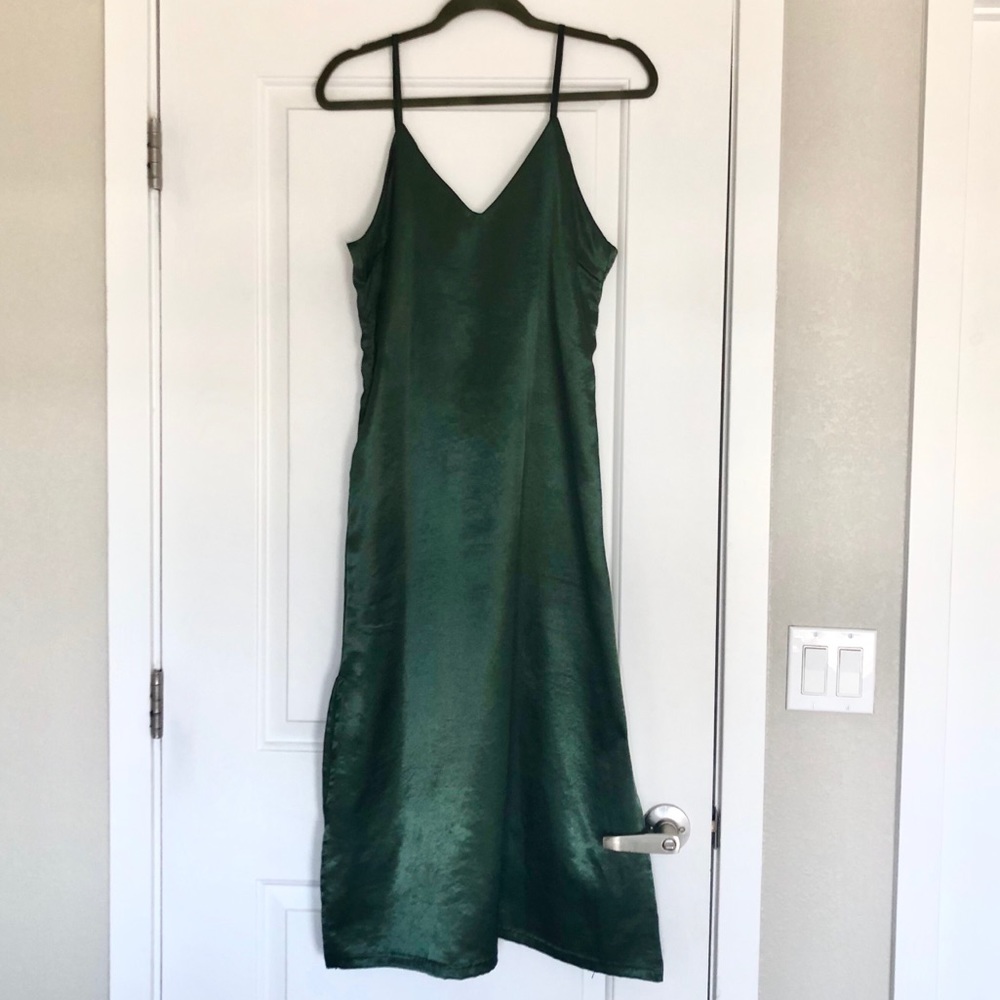 Green satiny midi slip dress by Olive Clothing